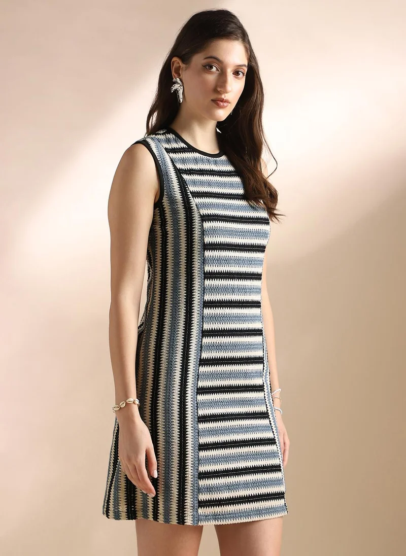 globus Globus Women Blue Round Neck Straight Hem Mini Sheath Crochet Dress